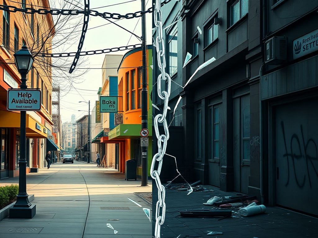 Flick International A split scene showing vibrant Portland streets contrasted with somber Seattle alleyways