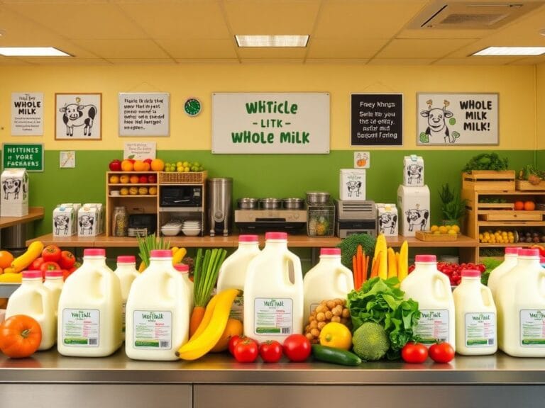Flick International Vibrant school cafeteria scene featuring colorful fruits, fresh vegetables, and jugs of whole milk promoting nutrition reform