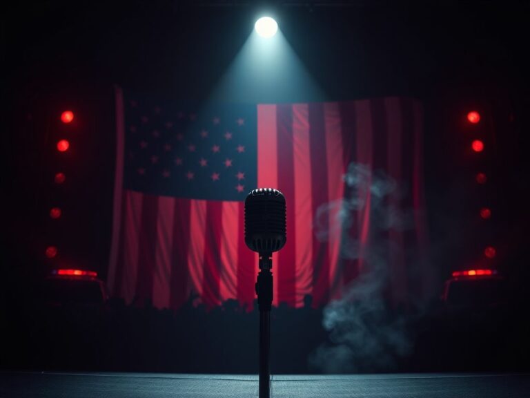 Flick International Dramatic concert stage with a vintage microphone and American flag backdrop