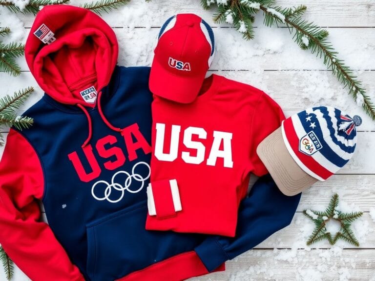 Flick International Flat lay of classic Team USA winter sports apparel on a snow-dusted wooden surface
