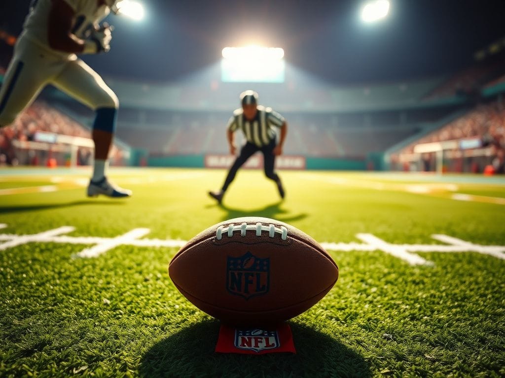 Flick International Close-up view of an NFL game scenario with a football on the ground between yard lines