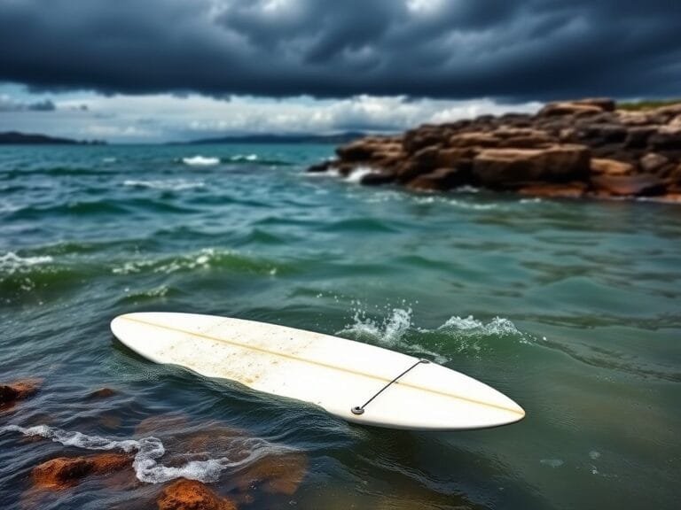 Flick International Submerged surfboard with teeth marks near Jump Rock at Sydney Harbor