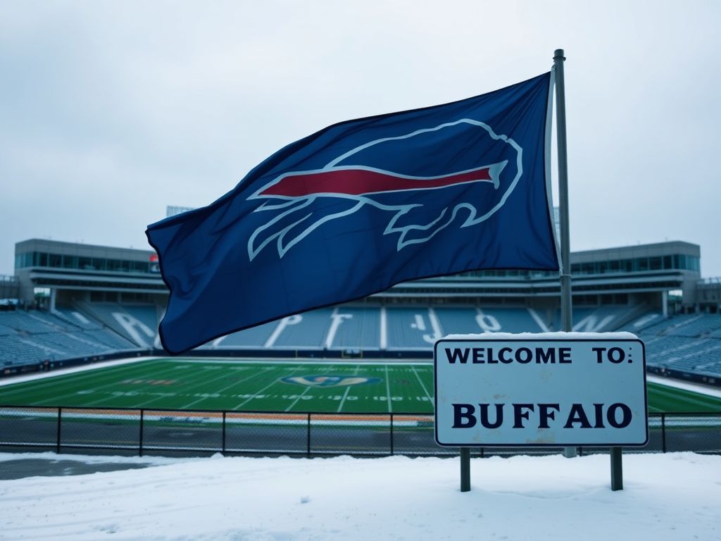 Flick International Empty Highmark Stadium in Buffalo, NY, with a Buffalo Bills flag in the foreground