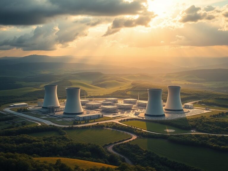 Flick International Modern nuclear reactors surrounded by lush greenery in Ohio