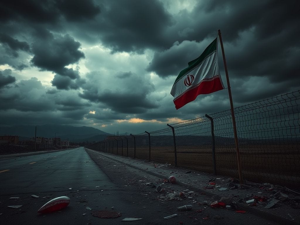 Flick International Ominous landscape of a barren street under a dark sky symbolizing turmoil in Iran.