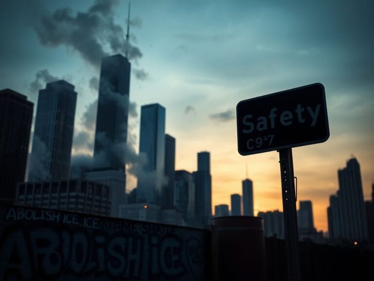 Flick International Urban landscape of Chicago skyline at dusk with broken street sign and graffiti