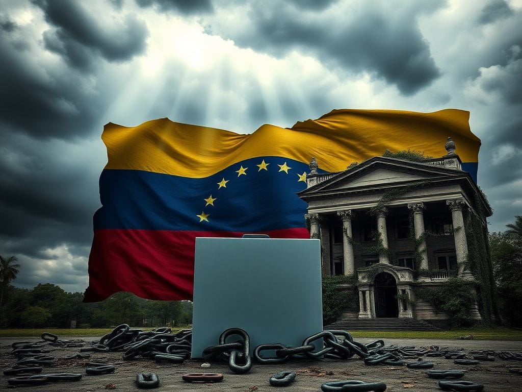 Flick International Empty ballot box in front of a crumbling Venezuelan flag, highlighting the struggle for democracy.