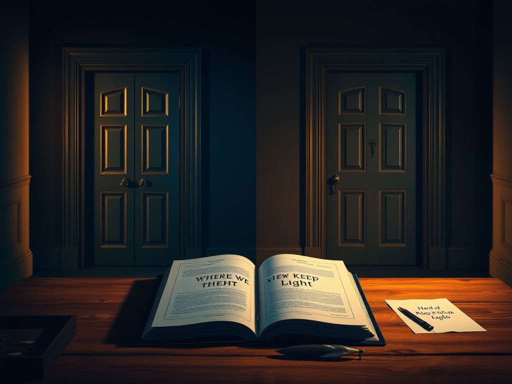 Flick International A split scene depicting two contrasting doors in a dimly lit hallway, representing choice and political decisions.