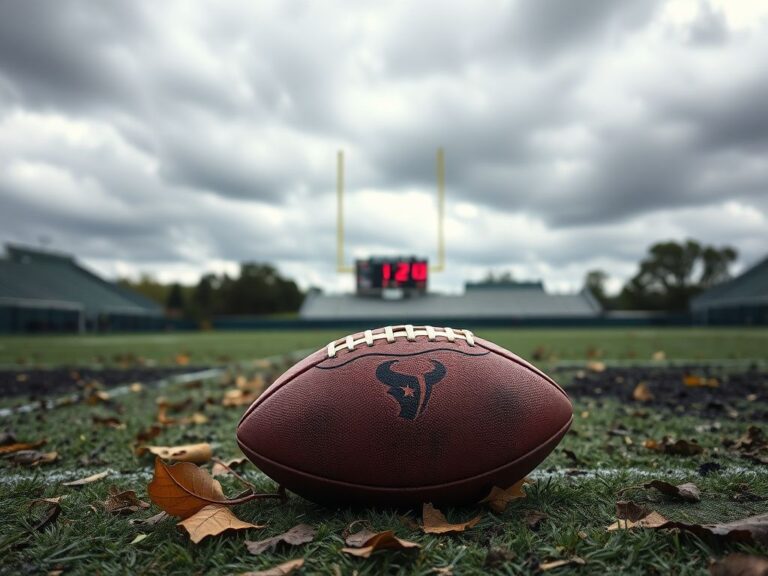 Flick International A close-up of a worn football on a muddy football field under a cloudy sky.