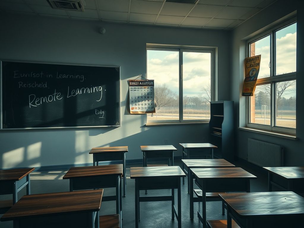 Flick International Empty school classroom with desks neatly arranged and sunlight streaming through dusty windows