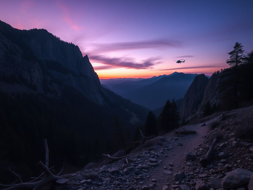 Flick International A rocky trail in the California mountains during twilight, with signs of recent disturbance and a distant helicopter overhead.