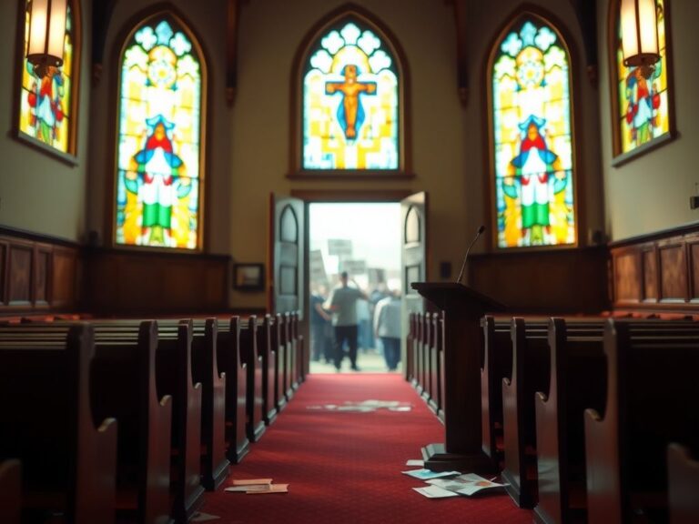 Flick International Interior of a church with stained glass windows and an empty pulpit, symbolizing disruption