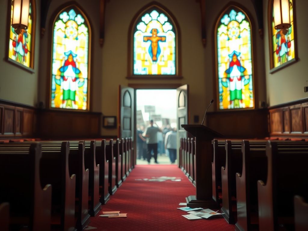 Flick International Interior of a church with stained glass windows and an empty pulpit, symbolizing disruption