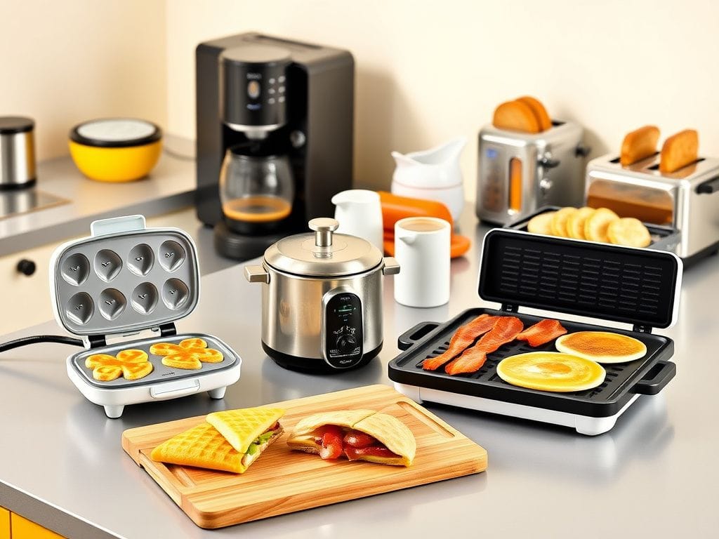 Flick International A vibrant kitchen scene featuring breakfast cooking tools including a mini waffle maker, egg cooker, and sandwich press.