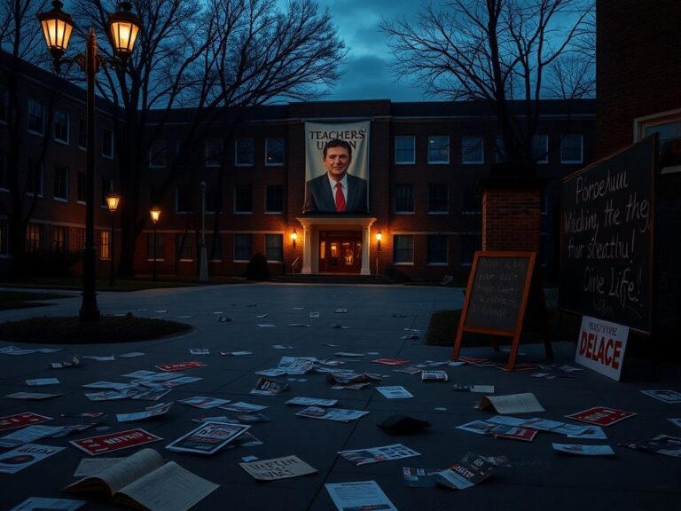 Flick International Dark university courtyard at twilight with scattered activist flyers