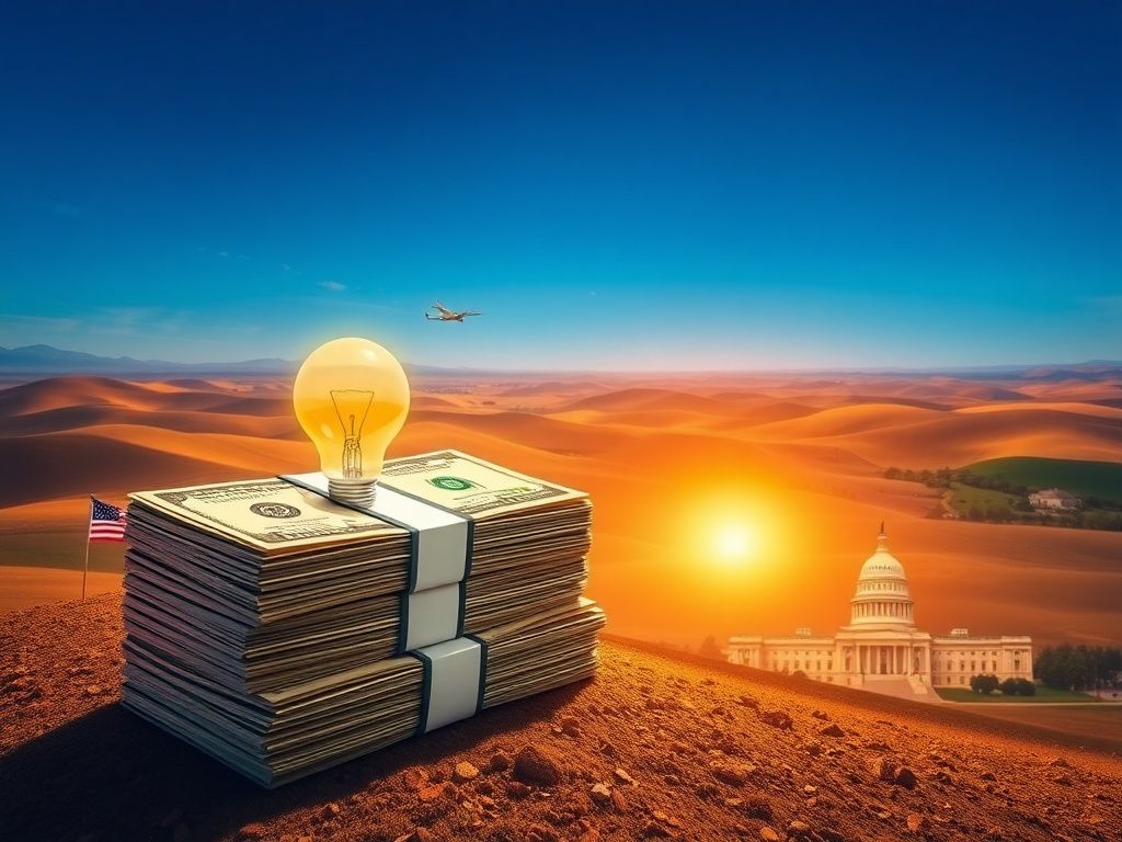 Flick International A dynamic Kentucky landscape featuring rolling hills, a stack of cash, and a glowing light bulb symbolizing Elon Musk's $10 million donation to the Senate race.