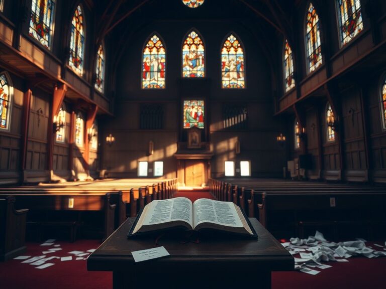 Flick International A dramatic interior view of a church sanctuary highlighting the tension between faith and protest.