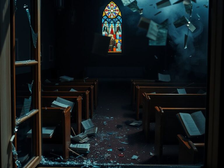 Flick International Interior of a disrupted church sanctuary with overturned pews and shattered stained glass window