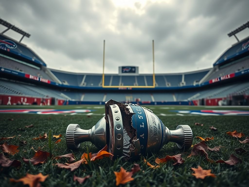 Flick International Dramatic scene of a football stadium in disarray with empty bleachers and a shattered trophy on the grass
