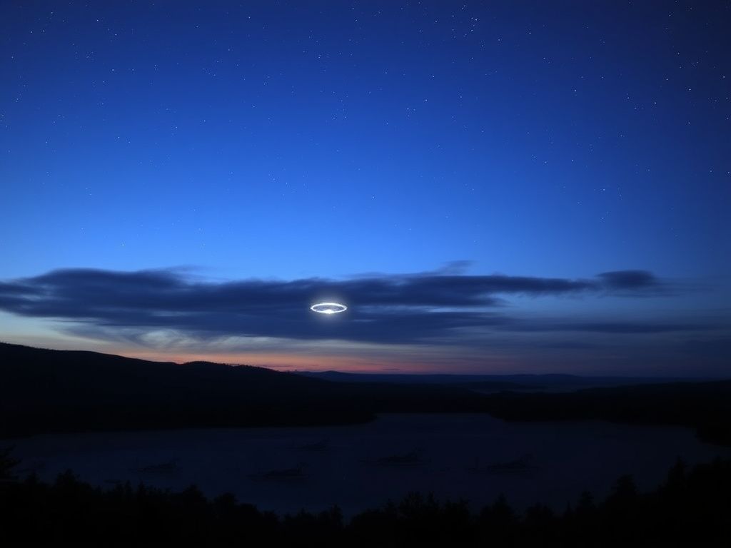 Flick International A serene twilight sky over a Vermont landscape with a strange object hovering
