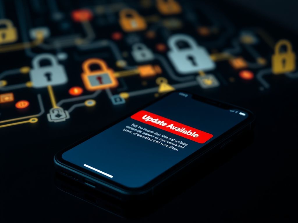 Flick International A close-up view of an iPhone displaying an urgent software update notification on a dark table.