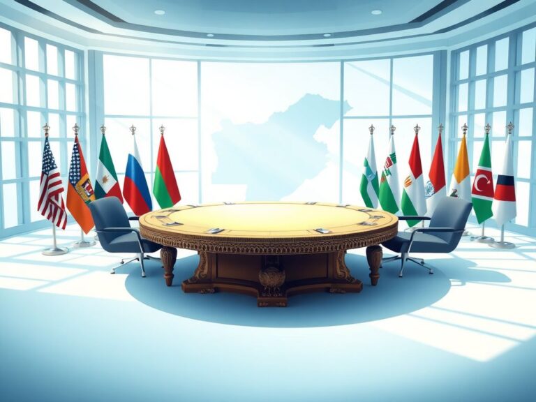 Flick International Conceptual representation of a diplomatic initiative with a round table and flags of various countries including the U.S., Russia, and Belarus.