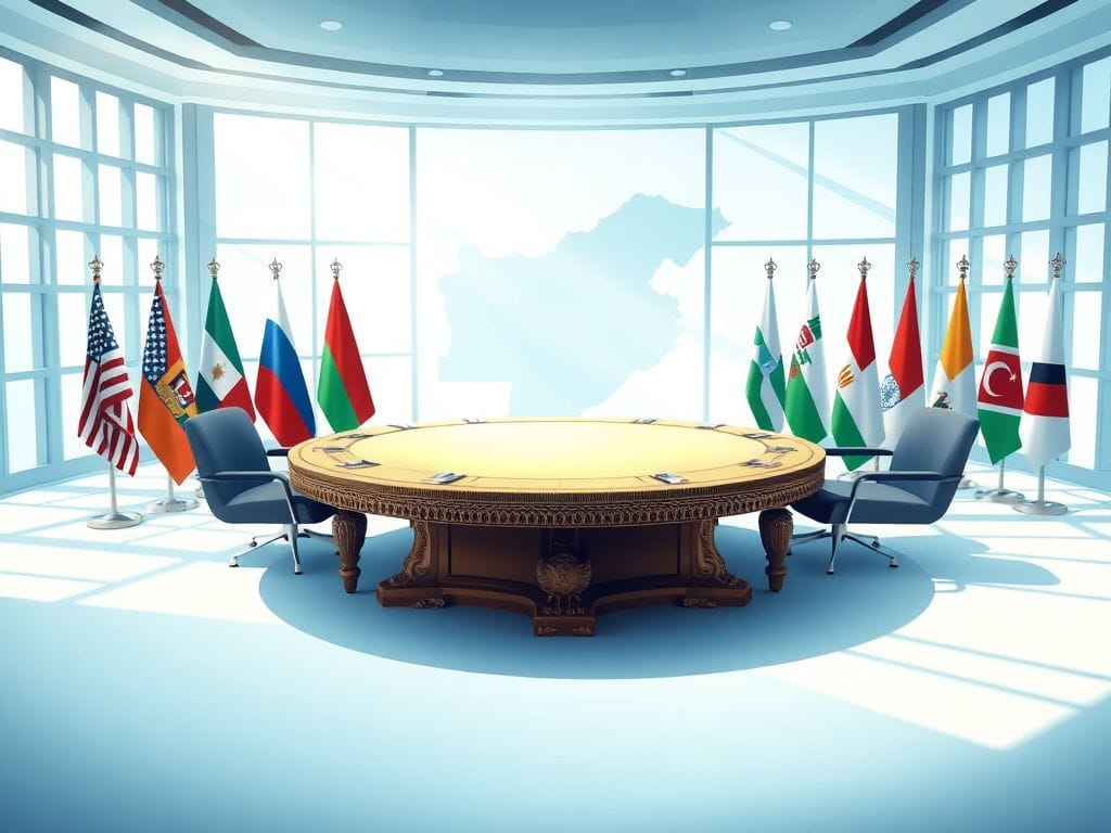 Flick International Conceptual representation of a diplomatic initiative with a round table and flags of various countries including the U.S., Russia, and Belarus.