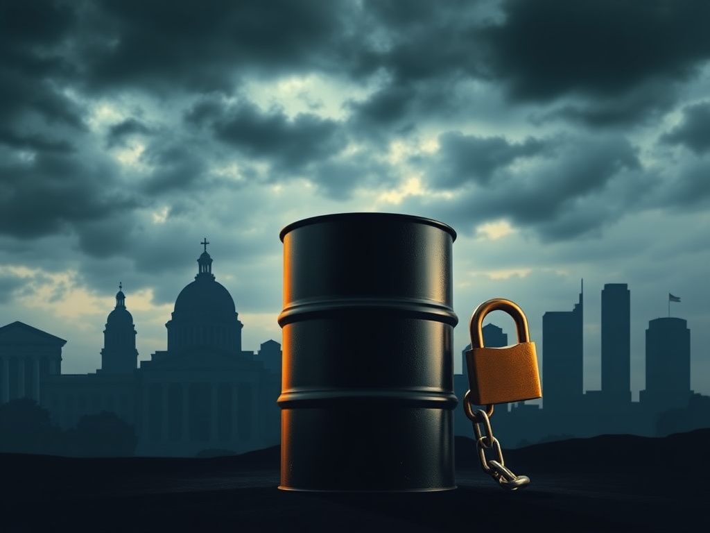 Flick International Conceptual image of an ominous oil barrel symbolizing Venezuelan oil reserves, with silhouettes of major U.S. bank buildings in the background.