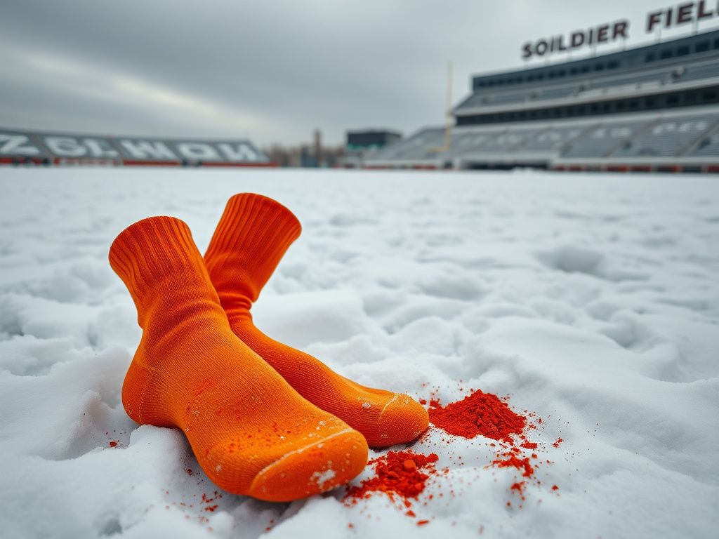 Flick International Bright orange socks with cayenne pepper on a snowy football field