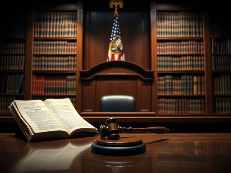 Flick International Somber courtroom scene with wooden judge's bench and gavel