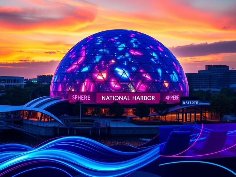 Flick International A futuristic dome structure of The Sphere illuminated against a vibrant sunset sky in Maryland