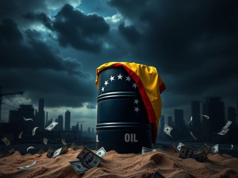 Flick International Large oil barrel draped with the Venezuelan flag against a darkening sky in an urban setting
