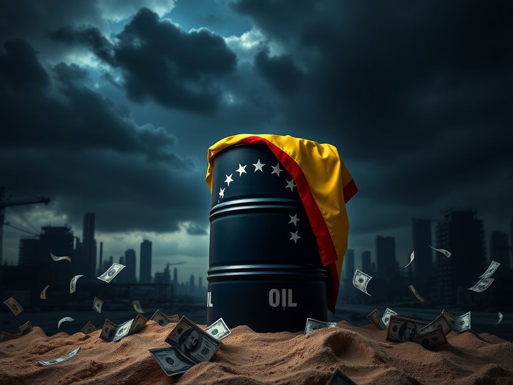 Flick International Large oil barrel draped with the Venezuelan flag against a darkening sky in an urban setting