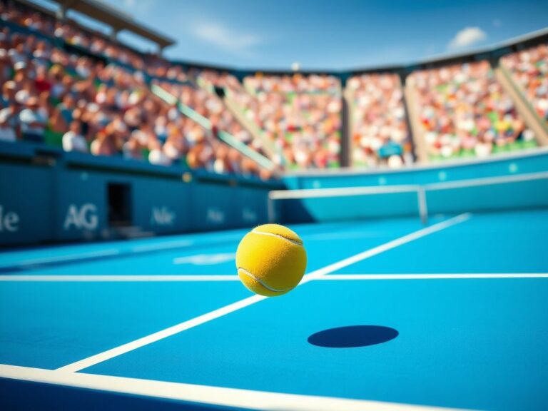 Flick International American tennis player Peyton Stearns in action during a match at the Australian Open, showcasing a vibrant blue court and a bouncing yellow tennis ball.