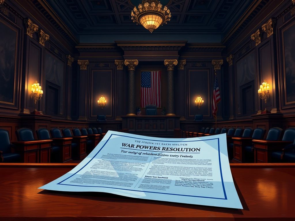 Flick International Dramatic illustration of an empty Senate chamber bathed in twilight hues with a war powers resolution document on a desk