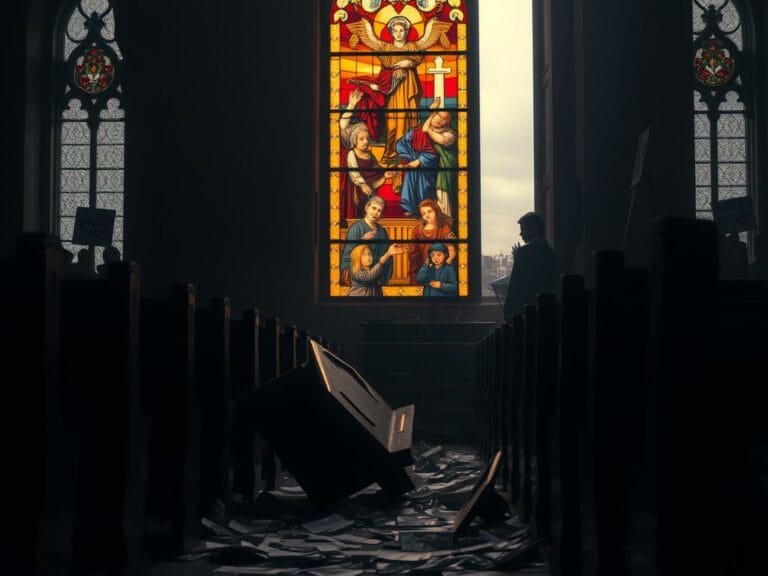 Flick International Interior of a dark church with vibrant stained glass window and overturned pews