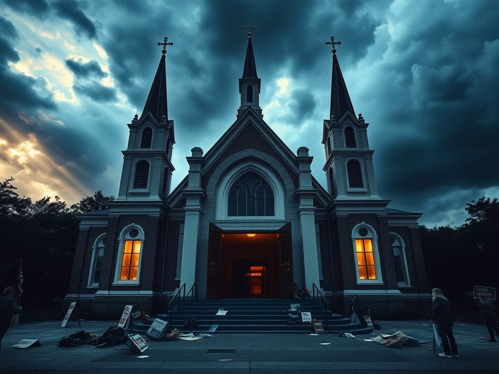 Flick International Exterior view of a grand church in St. Paul, showing stormy clouds and signs of protest