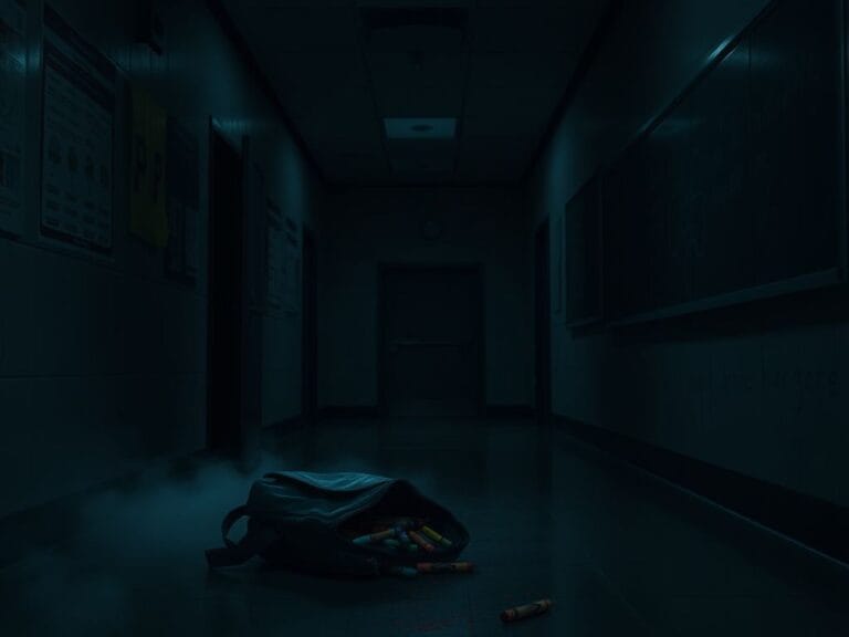 Flick International Dark school hallway with a child's forgotten backpack and empty classroom door