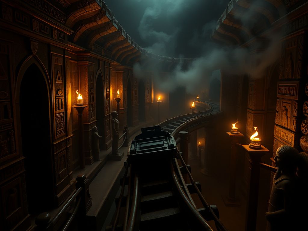 Flick International Roller coaster car racing through an ancient Egyptian themed scene with mummies and flickering torches