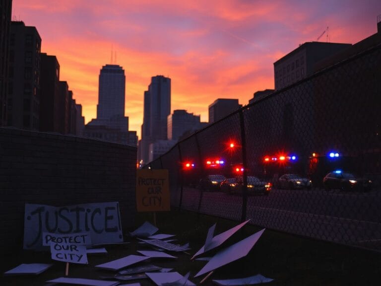 Flick International Urban landscape of Minneapolis at dusk with graffiti symbolizing community unrest