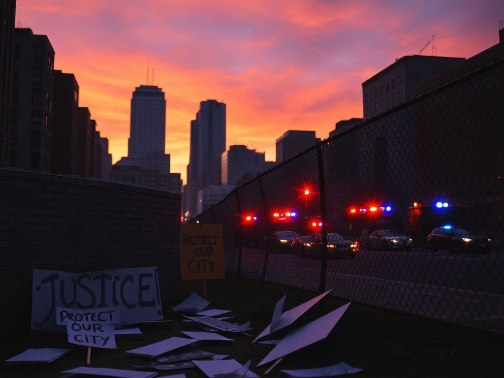 Flick International Urban landscape of Minneapolis at dusk with graffiti symbolizing community unrest