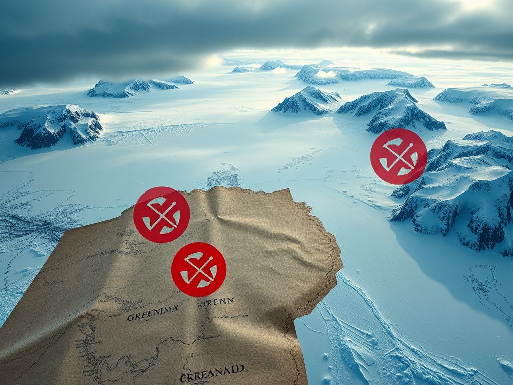 Flick International Aerial view of Greenland's icy terrain with historical map overlay