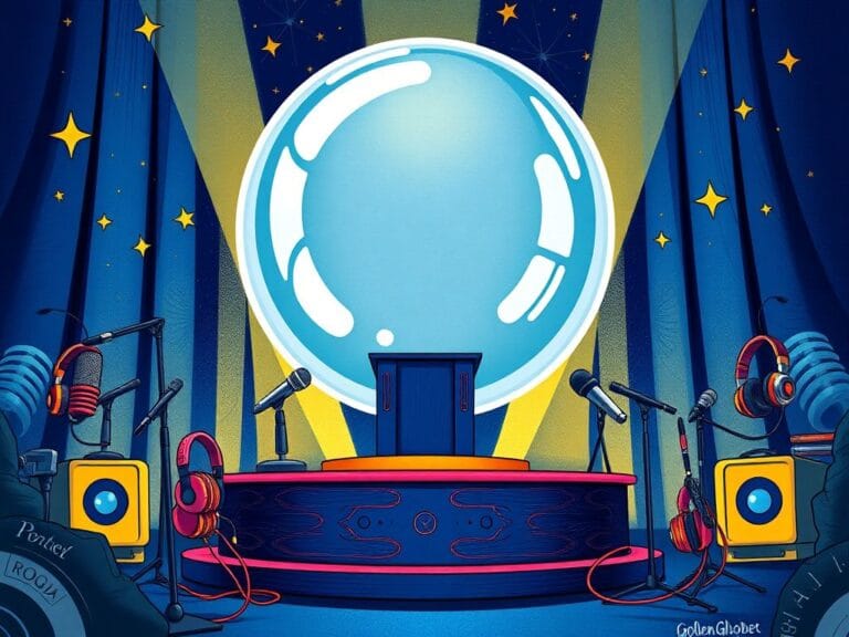 Flick International A stylized illustration of an empty podium at an award ceremony, symbolizing Joe Rogan's exclusion from the Golden Globes Best Podcast nominees.