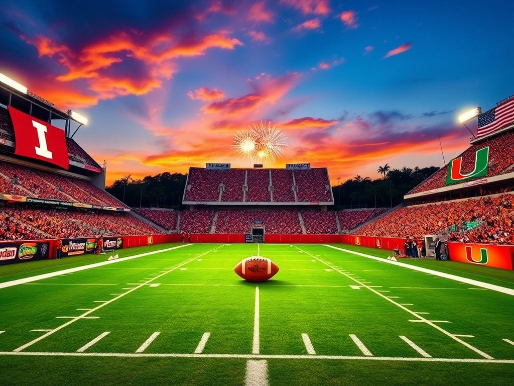 Flick International Sunset view of a college football stadium featuring the Indiana Hoosiers and Miami Hurricanes fan sections