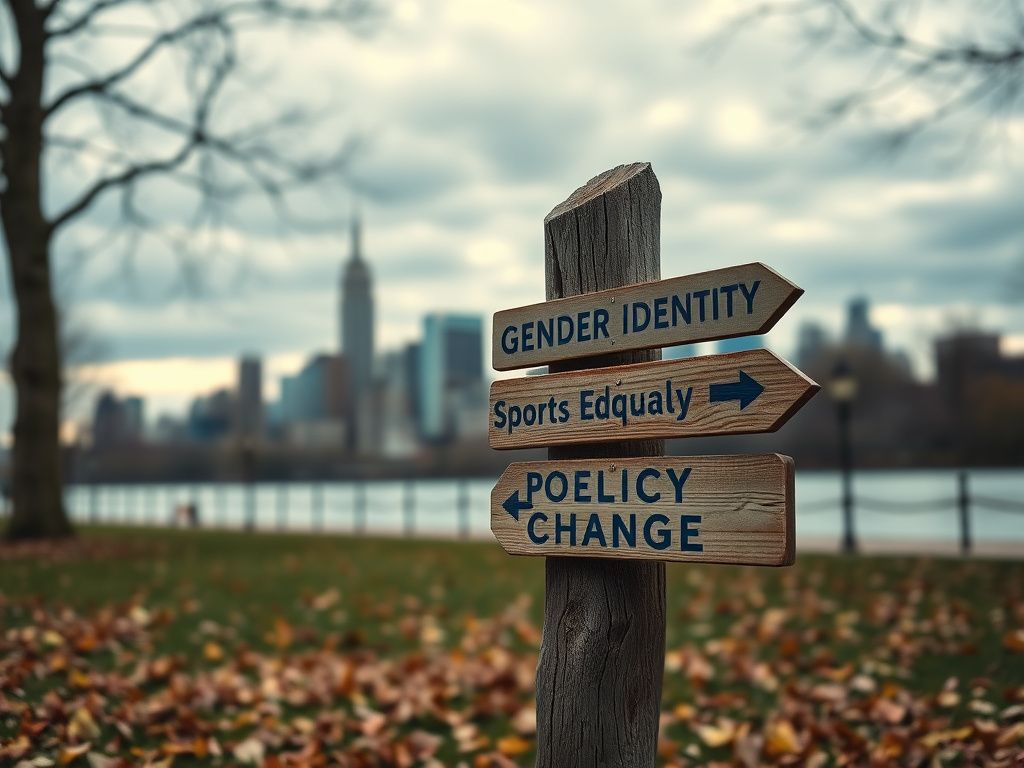 Flick International Close-up of a weathered wooden signpost with arrows labeled 'Gender Identity,' 'Sports Equality,' 'Debate,' and 'Policy Change' against a blurred city skyline.