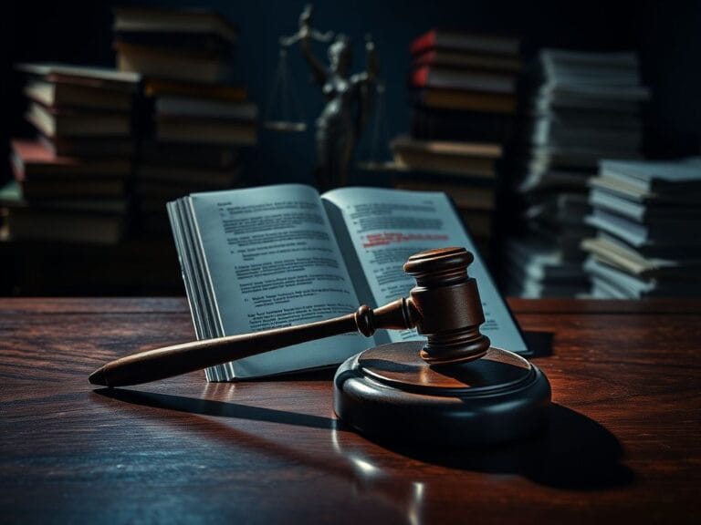 Flick International Dark courtroom scene with a gavel and law books, representing legal tension