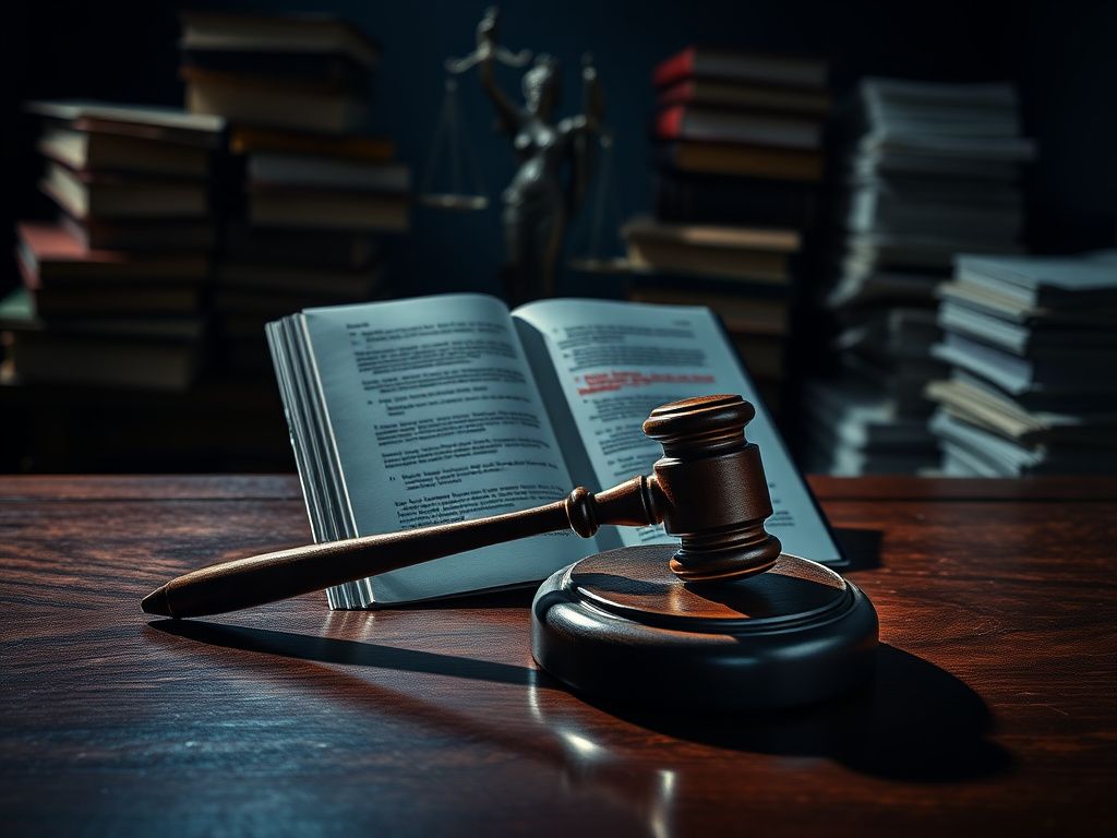 Flick International Dark courtroom scene with a gavel and law books, representing legal tension