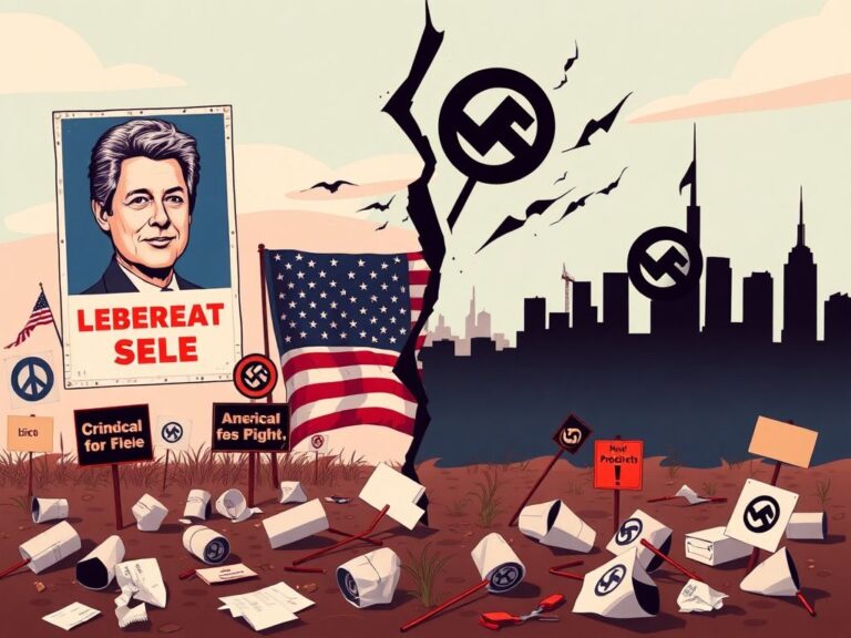 Flick International Conceptual illustration depicting a divided political landscape contrasting 90s liberalism and modern extremism