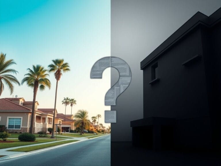 Flick International A split scene depicting a California suburban neighborhood contrasting with a shadowy office building, symbolizing a political residency controversy.