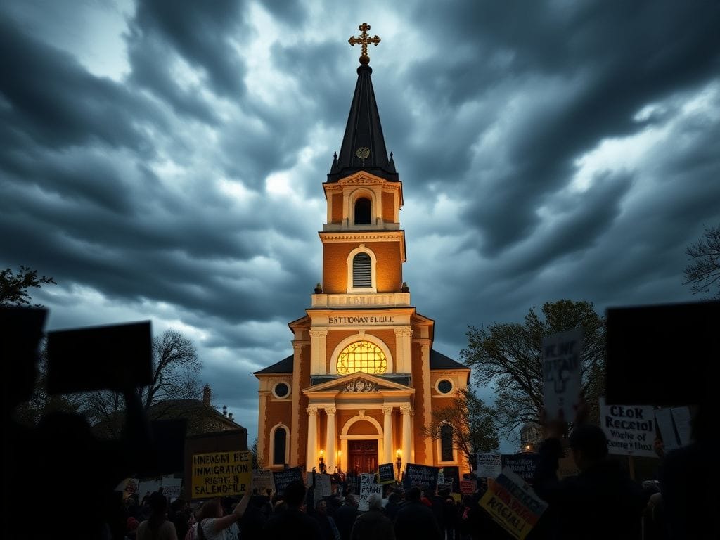 Flick International Exterior of a historic church in St. Paul, Minnesota with a protest scene in the foreground
